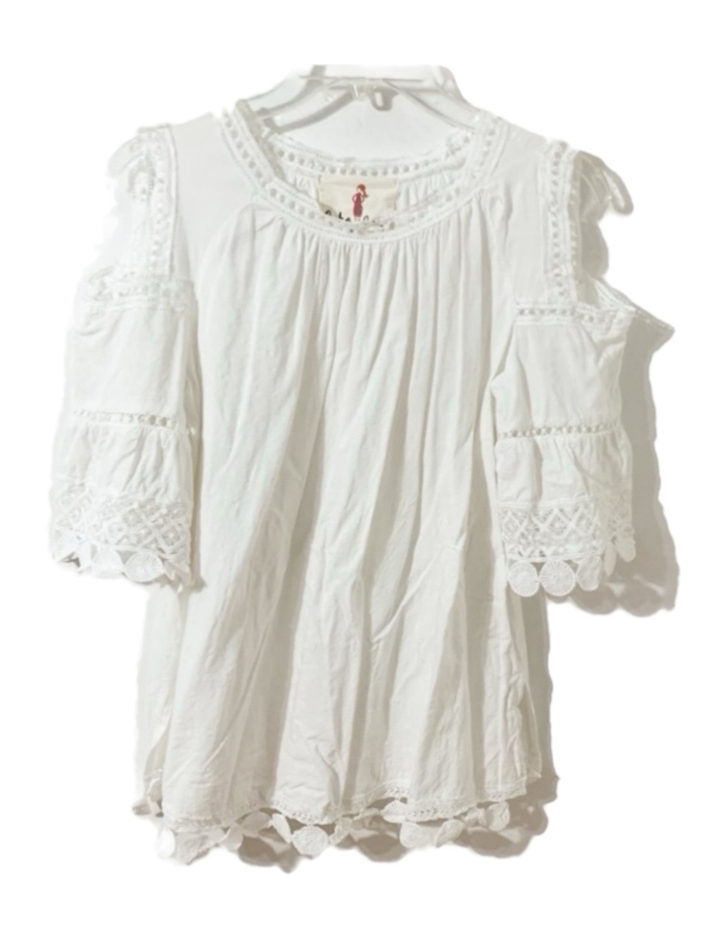 Boho Jane Cold Shoulder Lace Trim Tunic Blouse Bell Short Sleeves White Cutouts